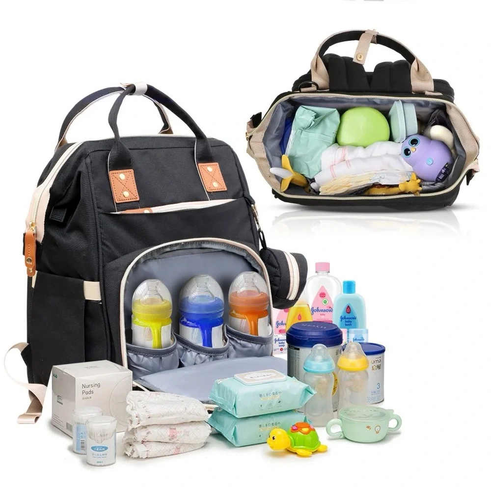 Akshomz Diaper Bag Backpack with Changing Station, Black Tan NEW